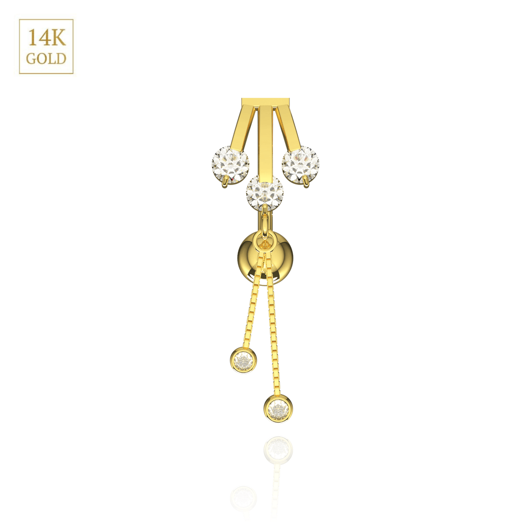 14K Gold CZ Jewelled Italian Horn Stones Dangling Belly Ring