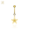 14K Gold CZ Jewelled Flower Design Dangling Belly Ring