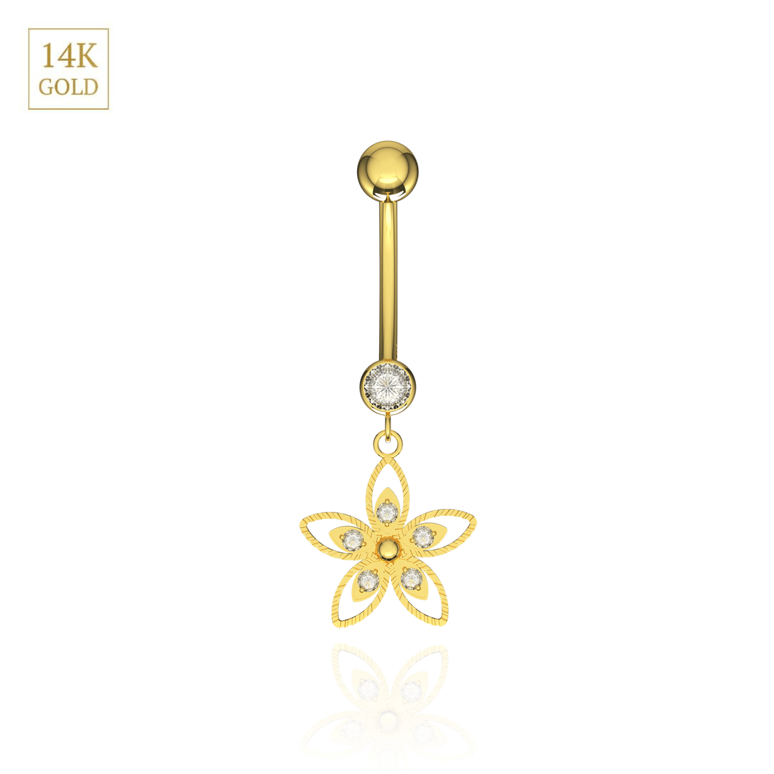 14K Gold CZ Jewelled Flower Design Dangling Belly Ring