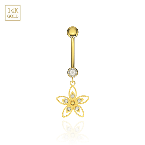 14K Gold CZ Jewelled Flower Design Dangling Belly Ring