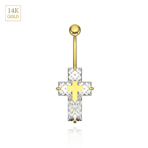 14K Gold CZ Jewelled Cross Belly Bar