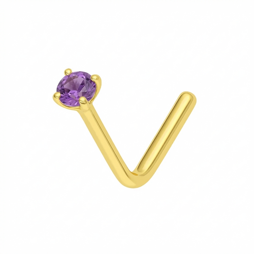 14K Gold Claw-Set Amethyst Natural Stone L-Bend Nose Stud