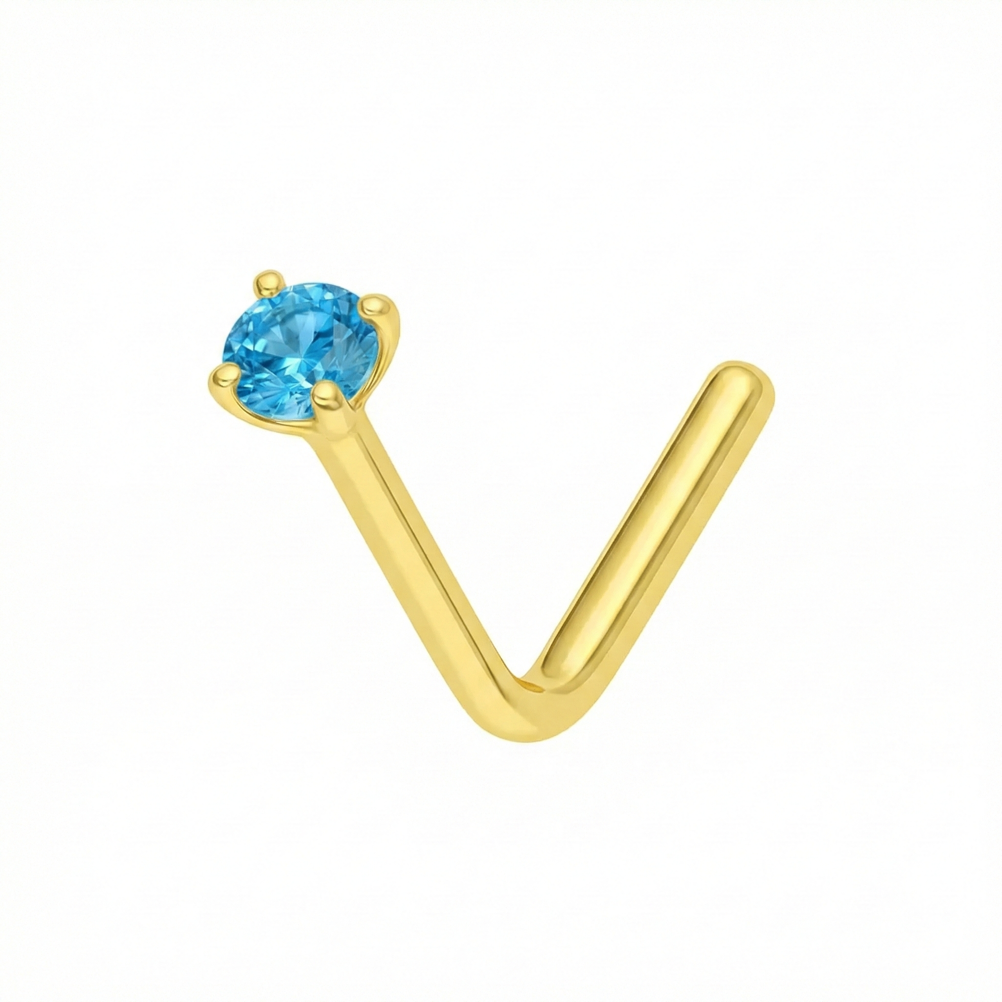 9K Gold Claw-Set Blue Topaz Natural Stone L-Bend Nose Stud