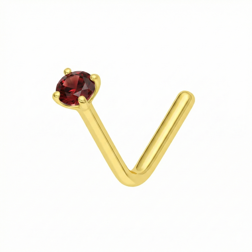 9K Gold Claw-Set Garnet Natural Stone L-Bend Nose Stud