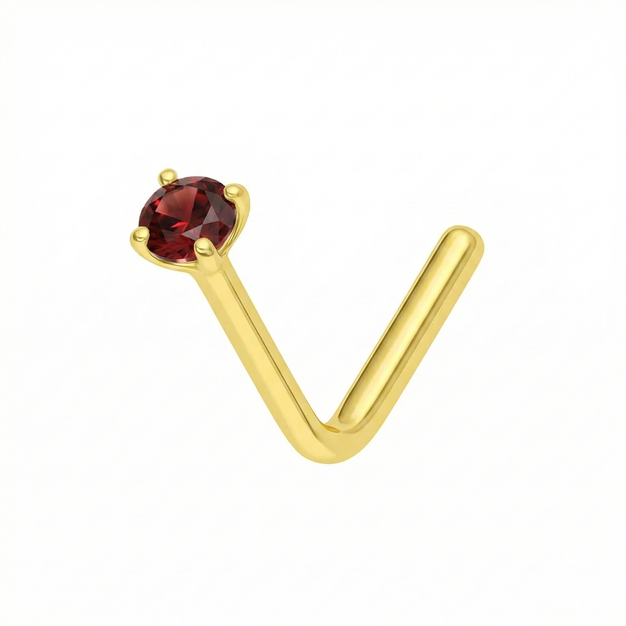 14K Gold Claw-Set Garnet Natural Stone L-Bend Nose Stud