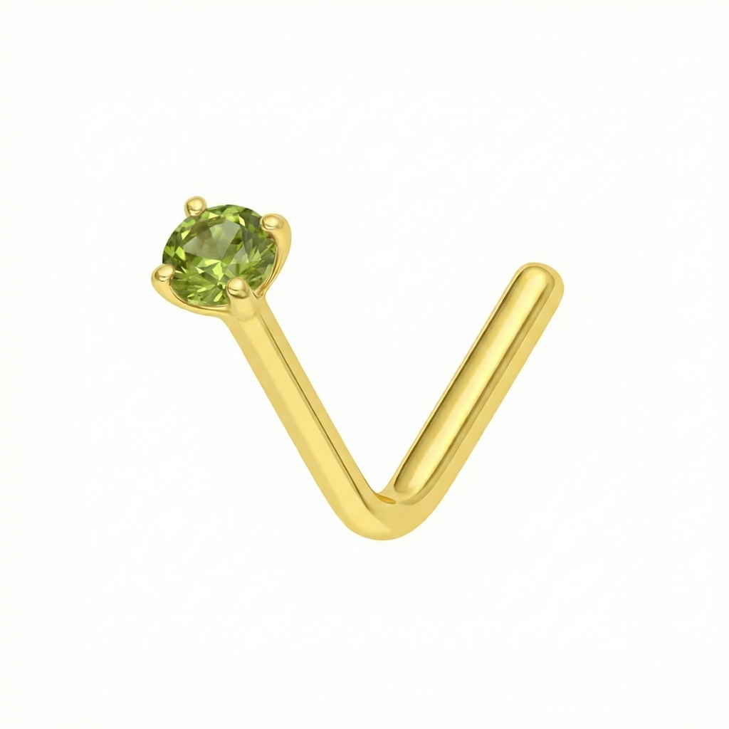 9K Gold Claw-Set Peridot Green Natural Stone L-Bend Nose Stud