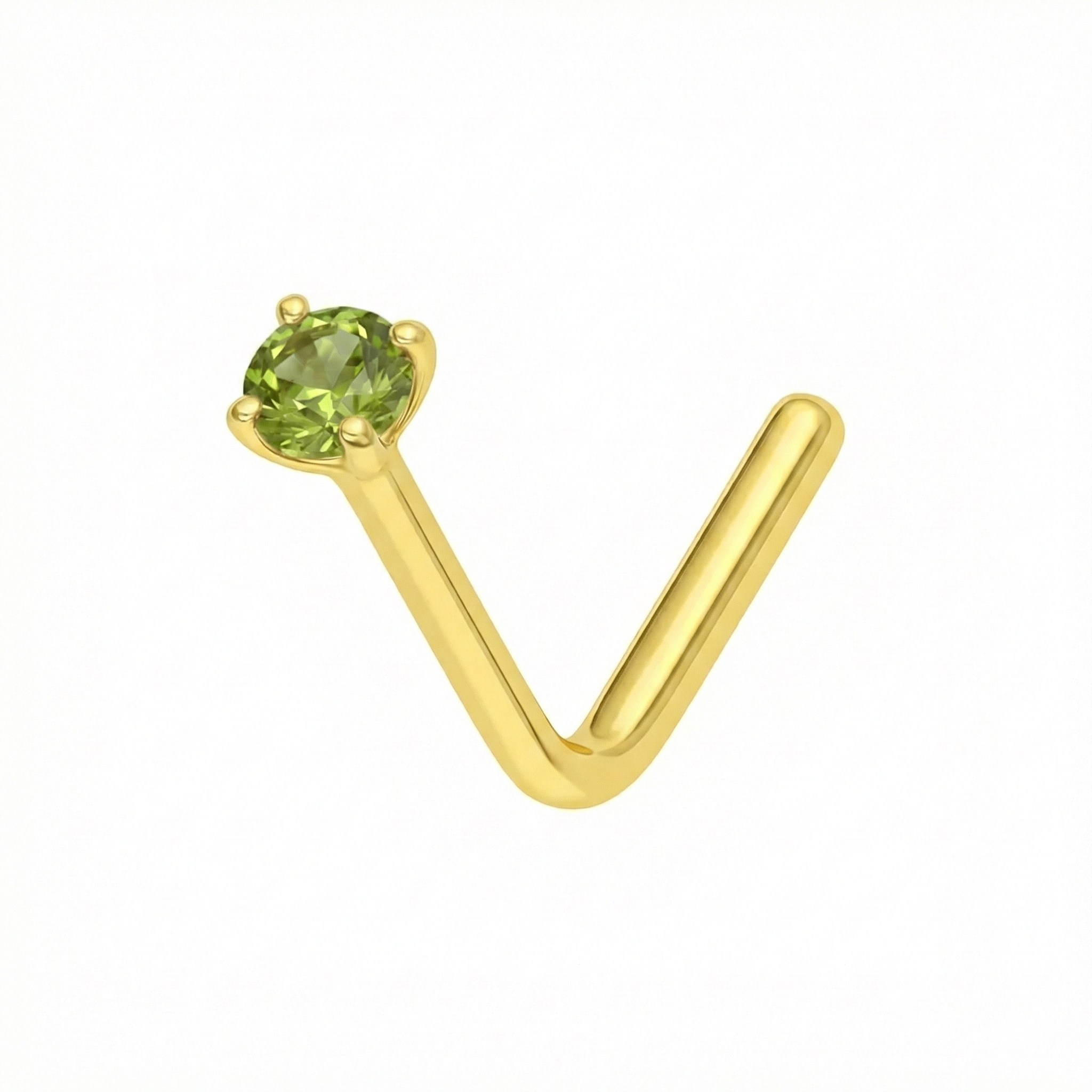 9K Gold Claw-Set Peridot Green Natural Stone L-Bend Nose Stud
