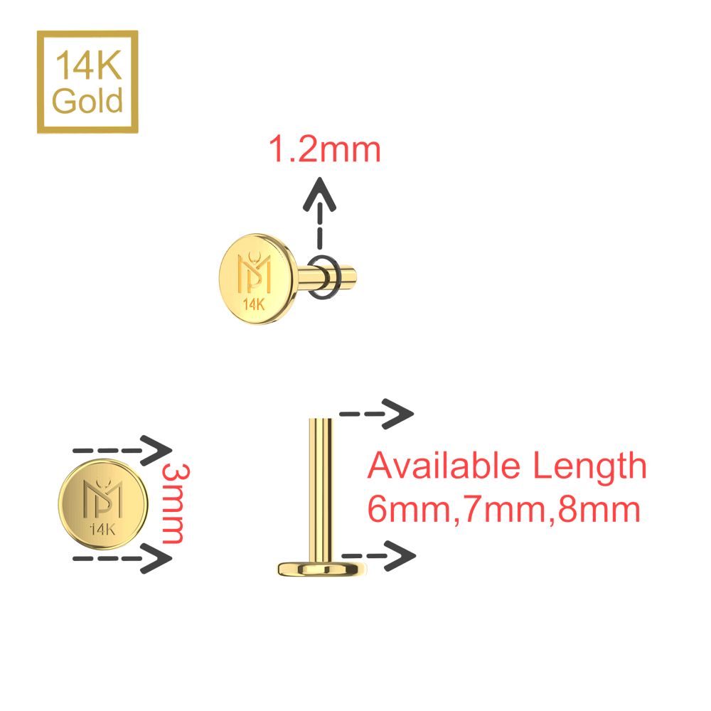 14K Gold Internal Thread Flatback Labret Bar