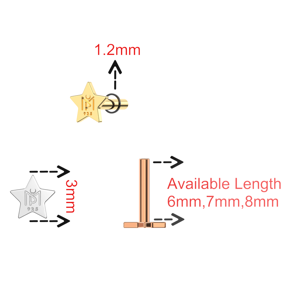 925 Sterling Silver Push-Fit Star Back Labret Bar
