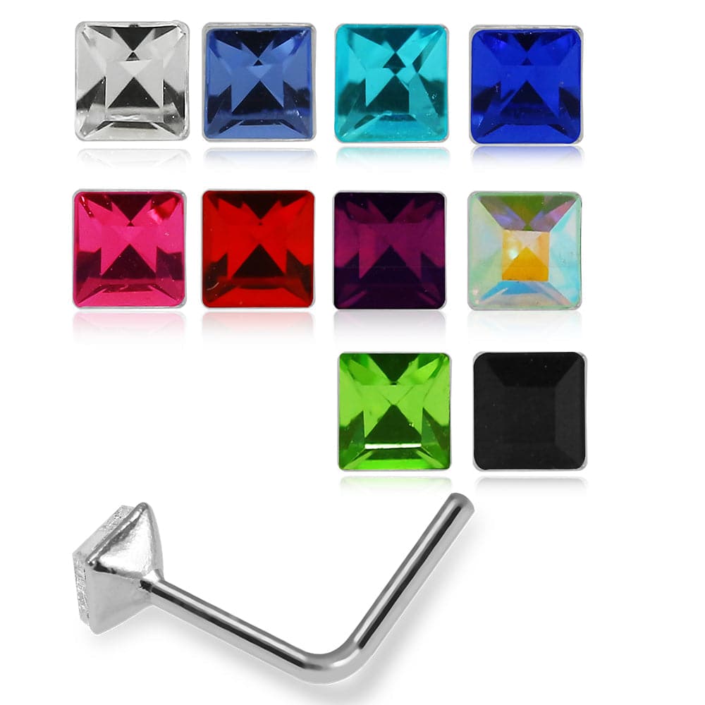 925 Sterling Silver 10pcs Square CZ Jewelled L-Bend Nose Stud Box