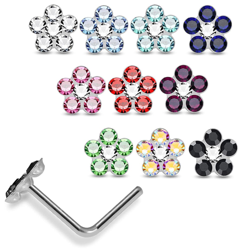 925 Sterling Silver 10pcs Jewelled Floral Flower L-Bend Nose Stud Box