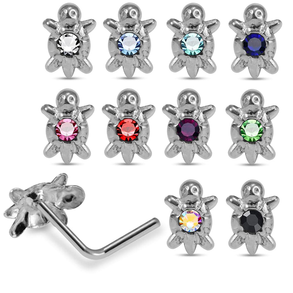 925 Sterling Silver 10pcs CZ Jewelled Turtle L-Bend Nose Stud Box
