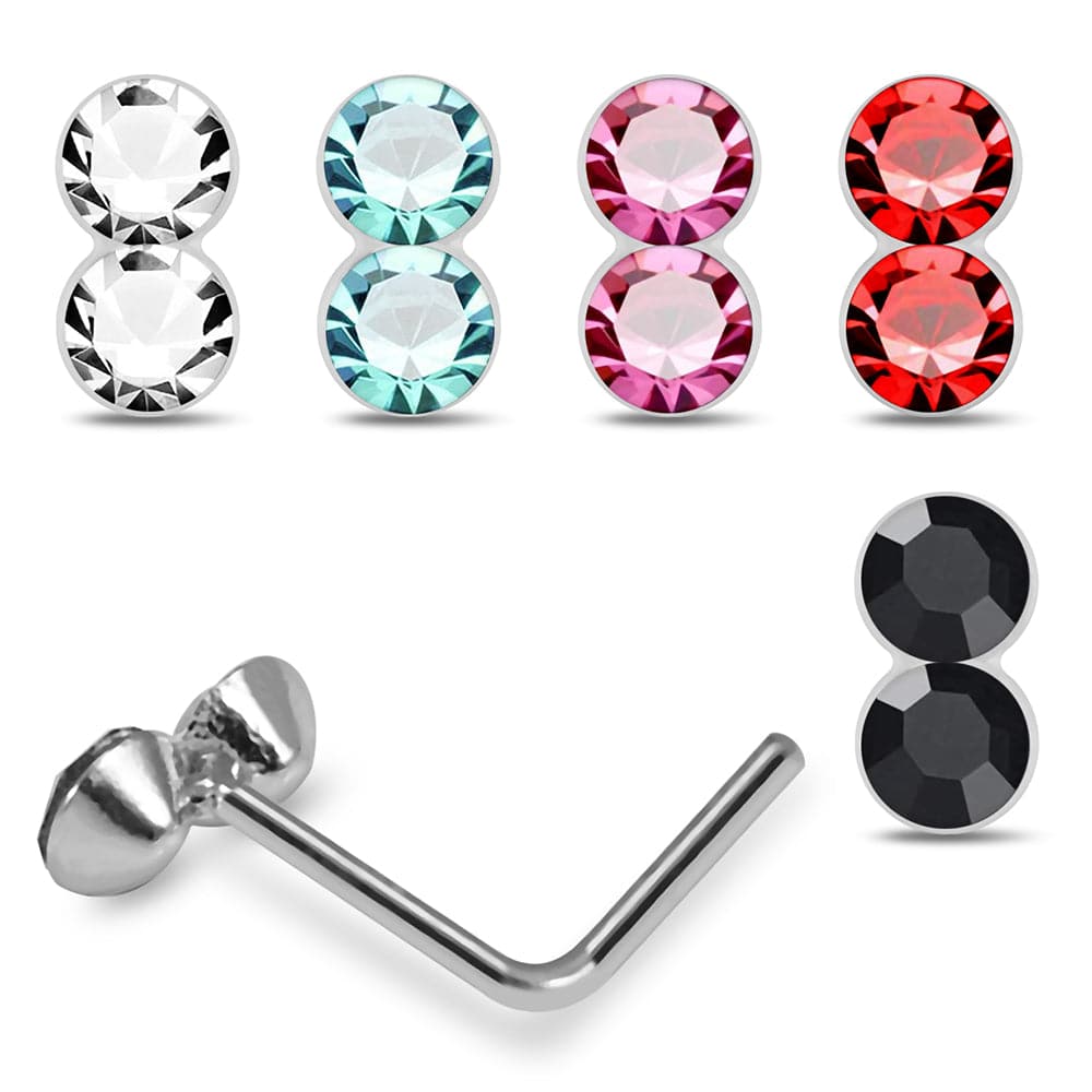 925 Sterling Silver 5pcs Double CZ Jewelled L-Bend Nose Stud Box