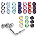 925 Sterling Silver 10pcs Triple CZ Jewelled L-Bend Nose Stud Box