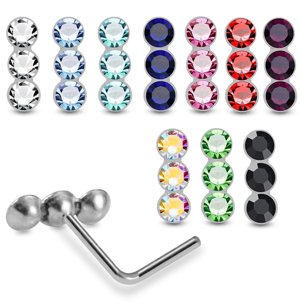 925 Sterling Silver 10pcs Triple CZ Jewelled L-Bend Nose Stud Box