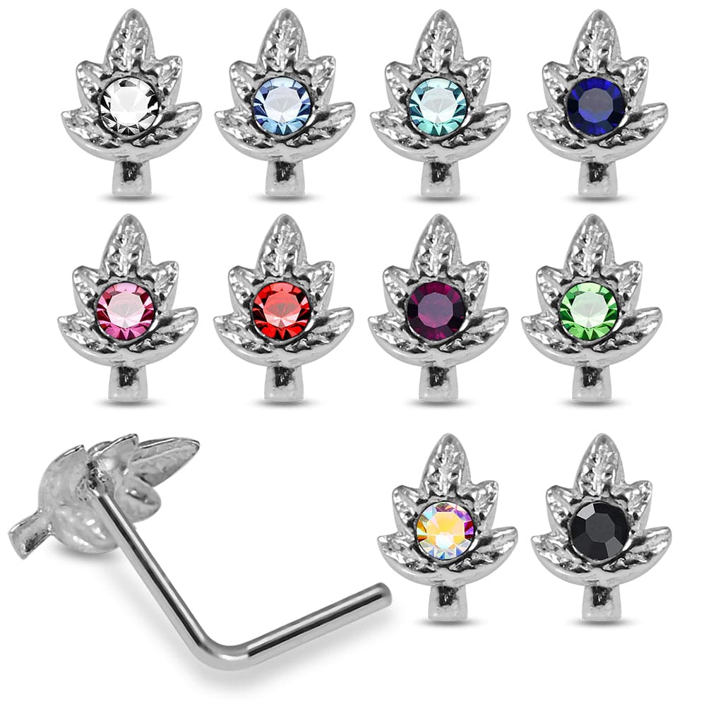 925 Sterling Silver 10pcs CZ Jewelled Marijuana Leaf L-Bend Nose Stud Box