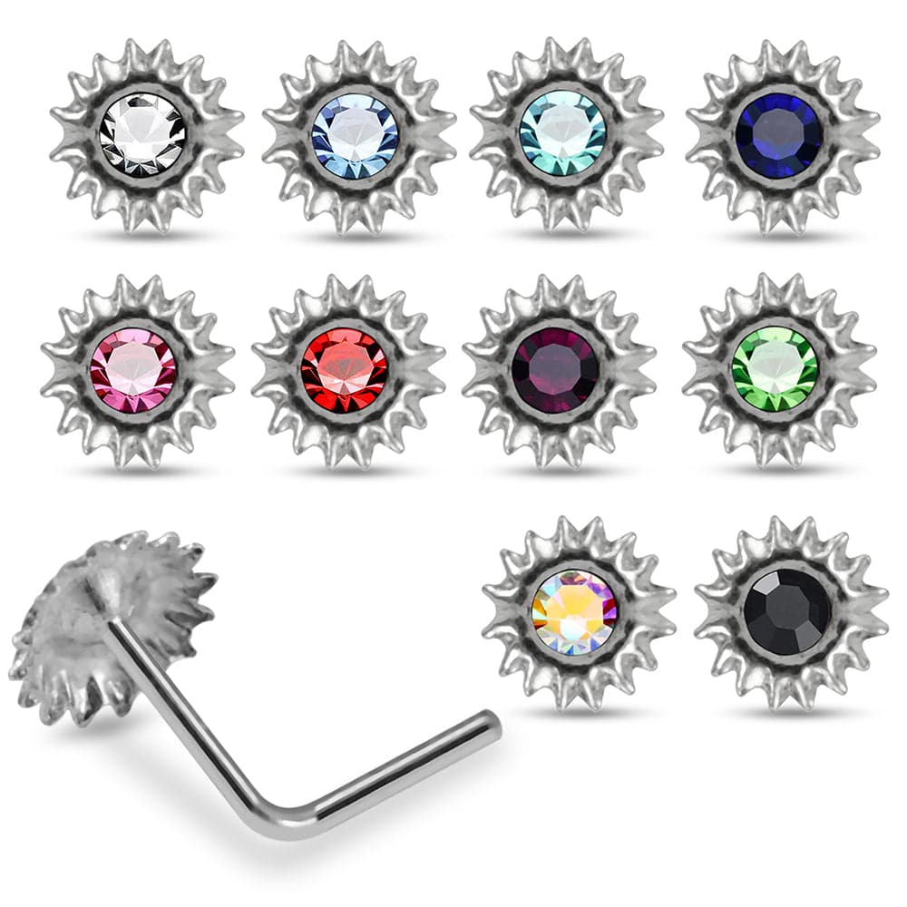 925 Sterling Silver 10pcs Jewelled Round CZ Flower Design L-Bend Nose Stud Box