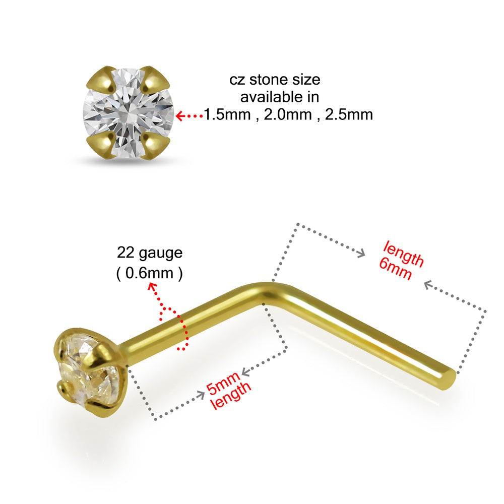 18K Gold CZ Jewelled L-Bend Nose Stud