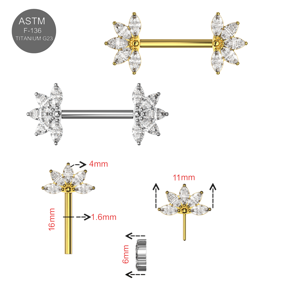 G23 Titanium Marquise CZ Jewelled Fan Threadless Push In Nipple Bar
