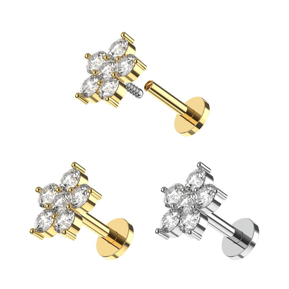 316L Surgical Steel CZ Jewelled Flower Internally Threaded Flatback Stud