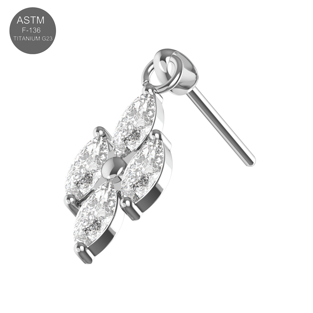 G23 Titanium 4 CZ Marquise Jewelled Hanging Threadless Pin Top