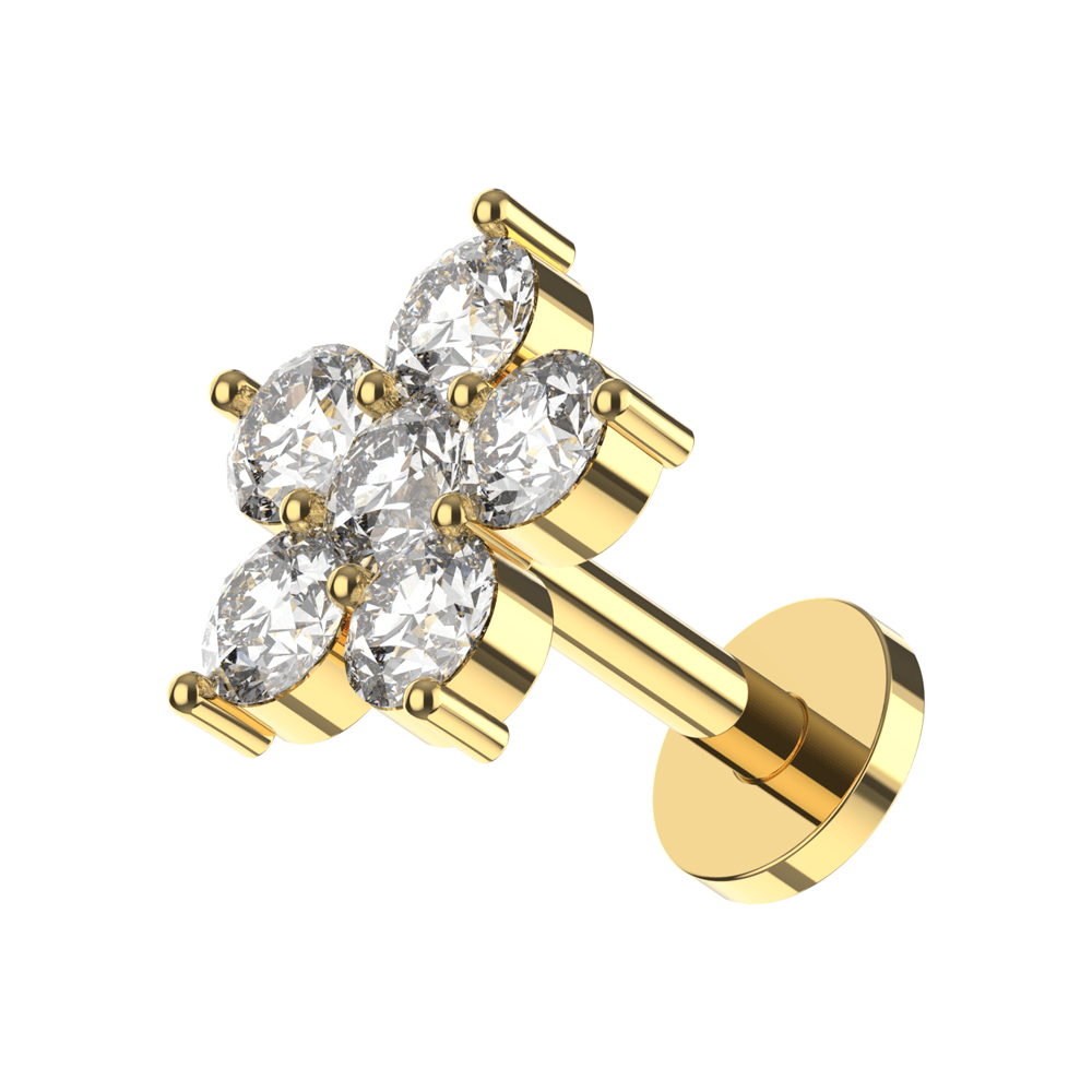 316L Surgical Steel CZ Jewelled Flower Internally Threaded Flatback Stud