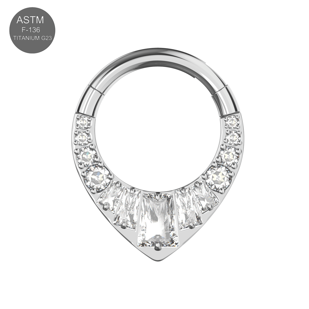 G23 Titanium Teardrop Cubic Zirconia Studded Flat Hinged Segment Clicker Ring