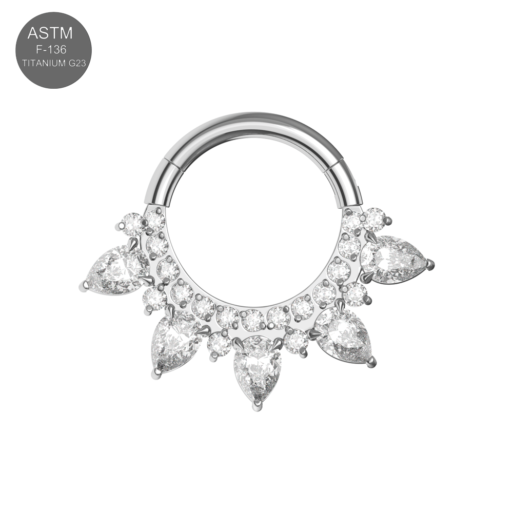 G23 Titanium Cubic Zirconia Studded Marquise Tiara Hinged Segment Clicker Ring