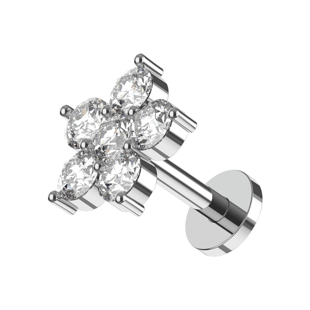 316L Surgical Steel CZ Jewelled Flower Internally Threaded Flatback Stud