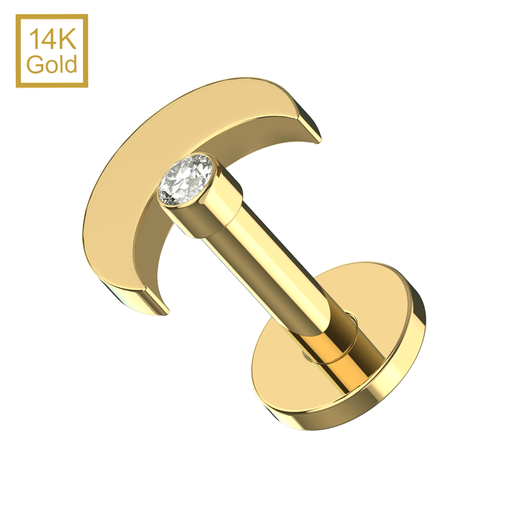 14K Gold Cubic Zirconia Jewelled Crescent Top With Internal Thread Base Labret