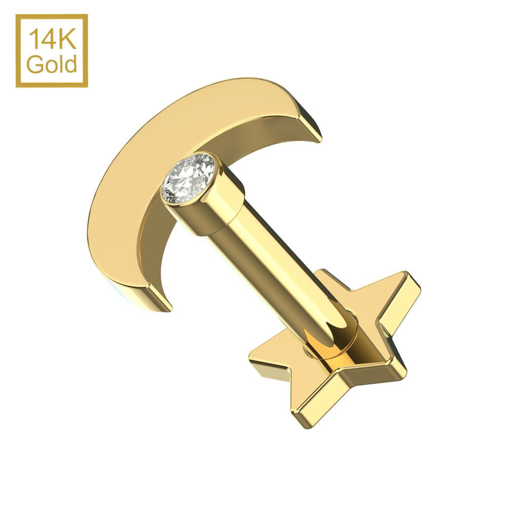 14K Gold Cubic Zirconia Jewelled Crescent Top With Internal Thread Base Labret