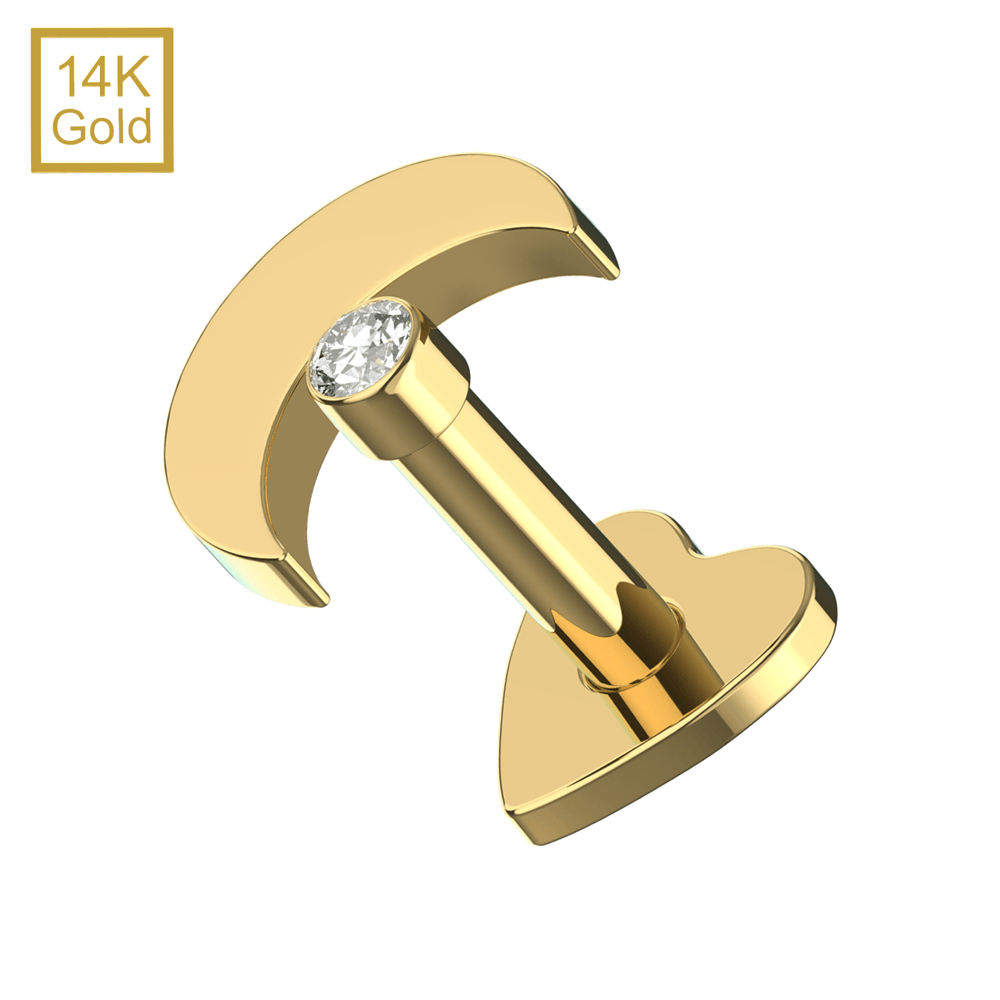 14K Gold Cubic Zirconia Jewelled Crescent Top With Internal Thread Base Labret
