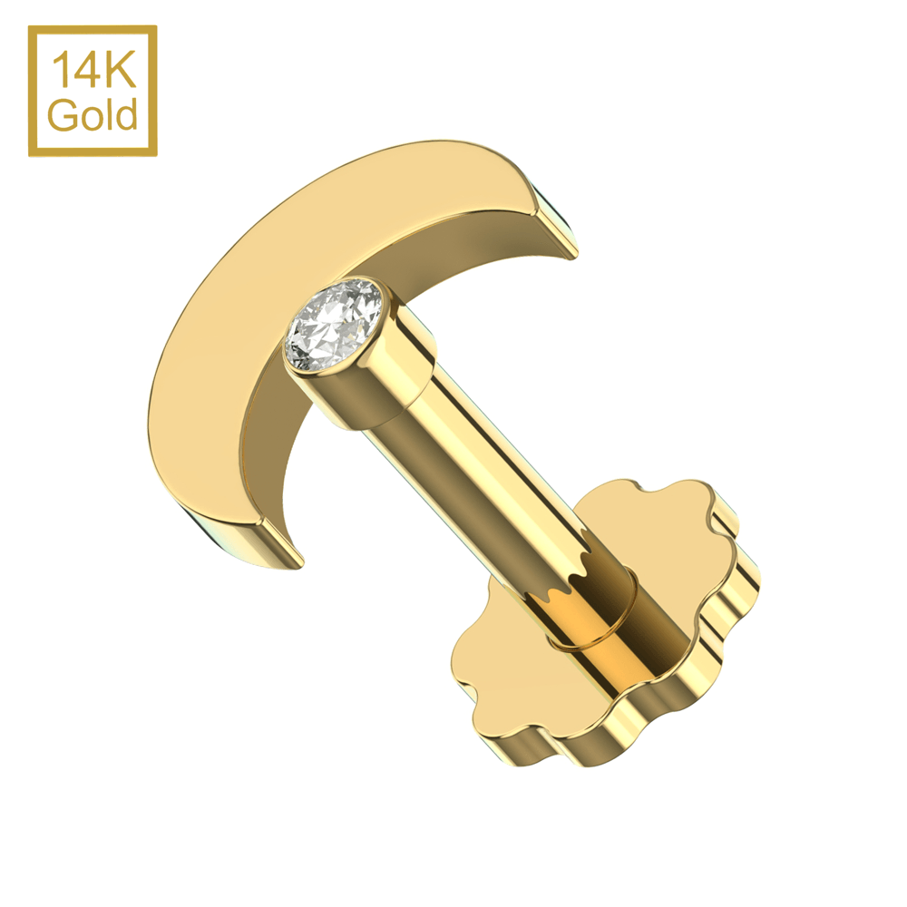 14K Gold Cubic Zirconia Jewelled Crescent Top With Internal Thread Base Labret