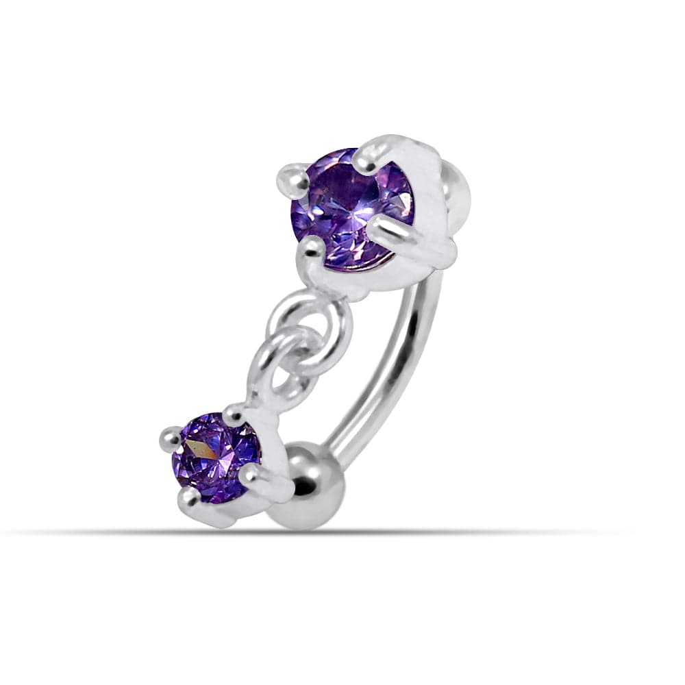 925 Sterling Silver Round CZ Jewelled Dangling Curved Barbell Eyebrow | Rook | Bridge Ring