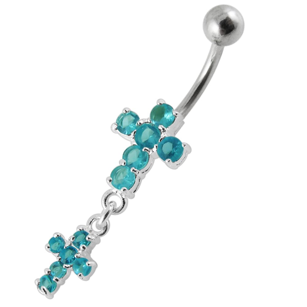 925 Sterling Silver Moving Jewelled Cross Belly Ring