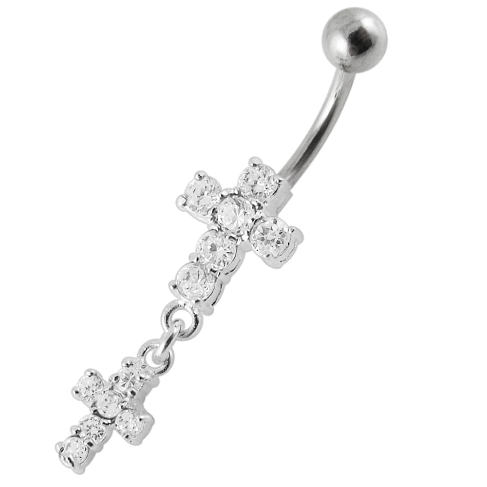 925 Sterling Silver Moving Jewelled Cross Belly Ring