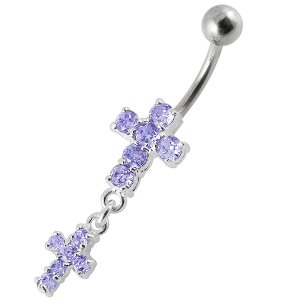 925 Sterling Silver Moving Jewelled Cross Belly Ring