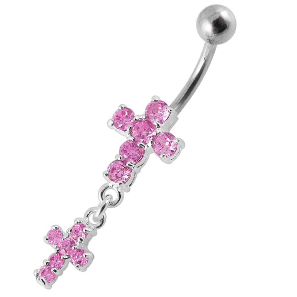 925 Sterling Silver Moving Jewelled Cross Belly Ring