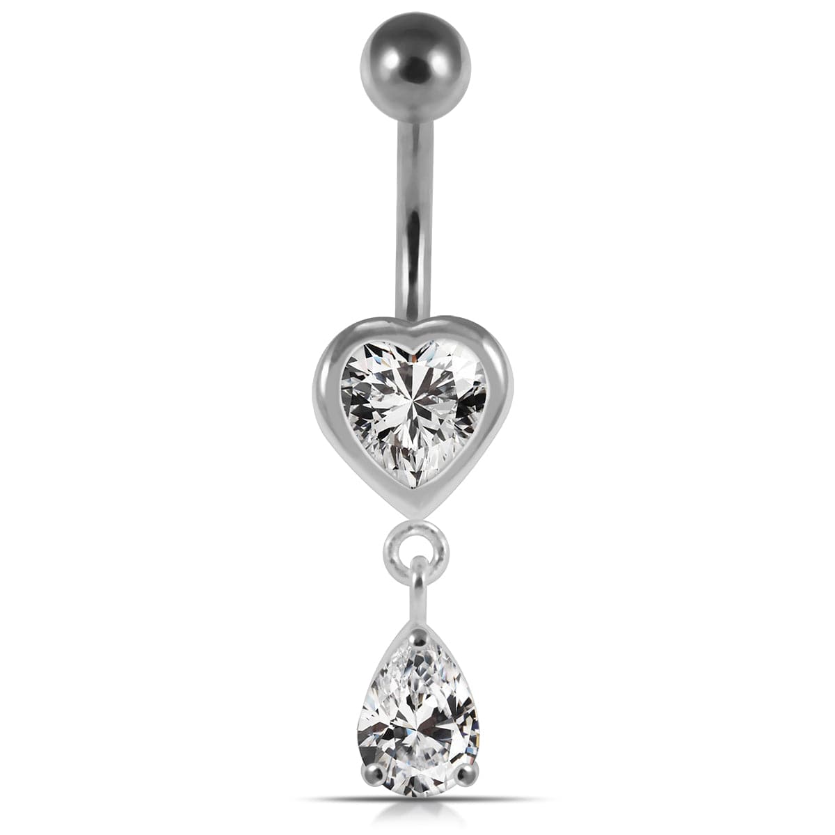 925 Sterling Silver Moving Jewelled Hearts Belly Ring