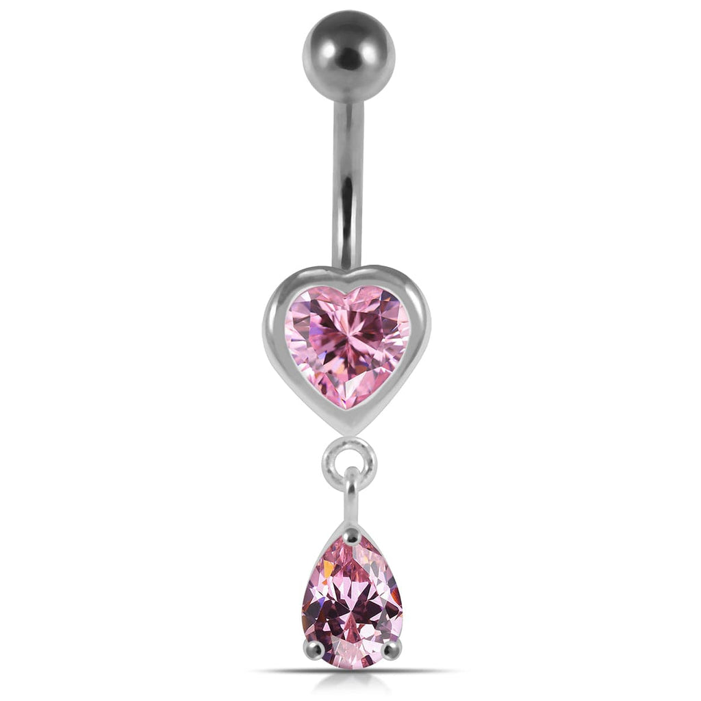 925 Sterling Silver Moving Jewelled Hearts Belly Ring