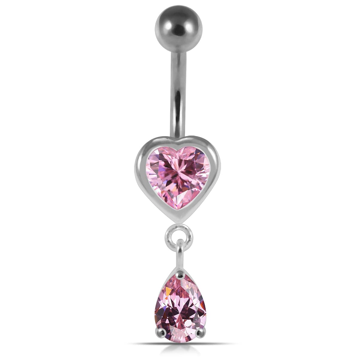 925 Sterling Silver Moving Jewelled Hearts Belly Ring