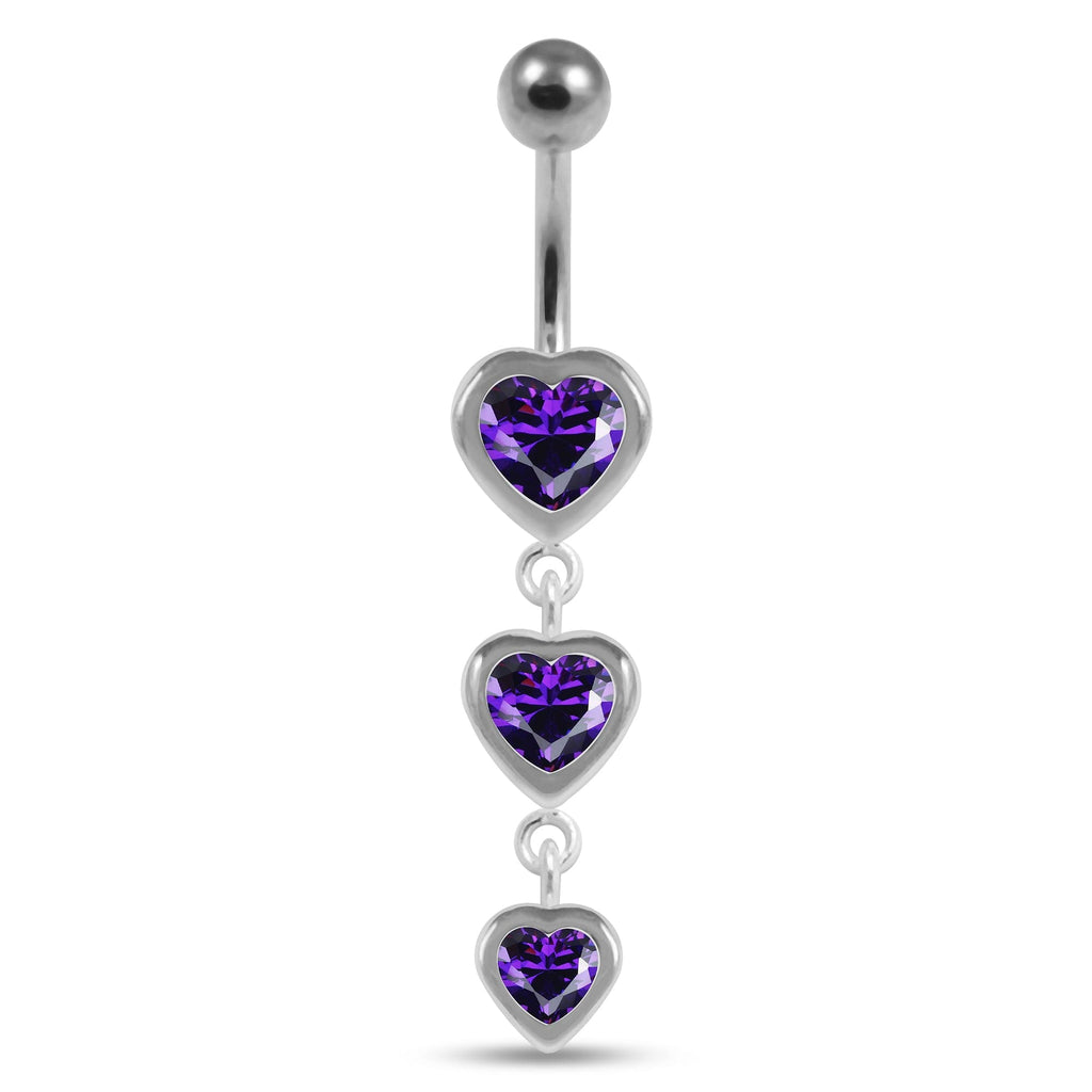 925 Sterling Silver Moving Jewelled Heart Charms Belly Ring