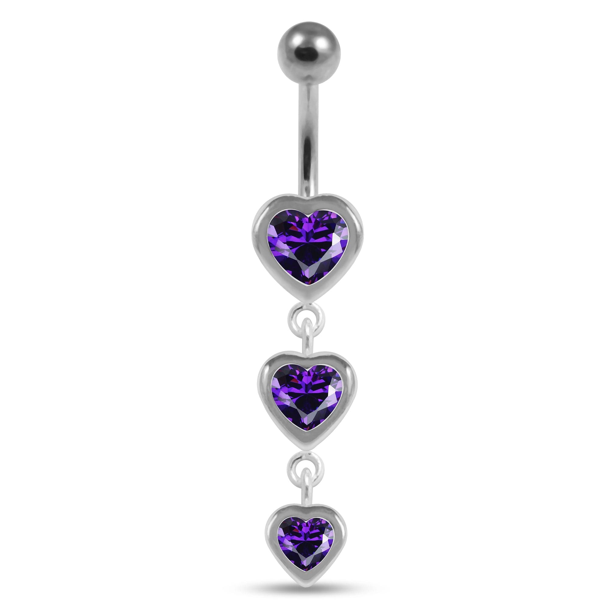 925 Sterling Silver Moving Jewelled Heart Charms Belly Ring