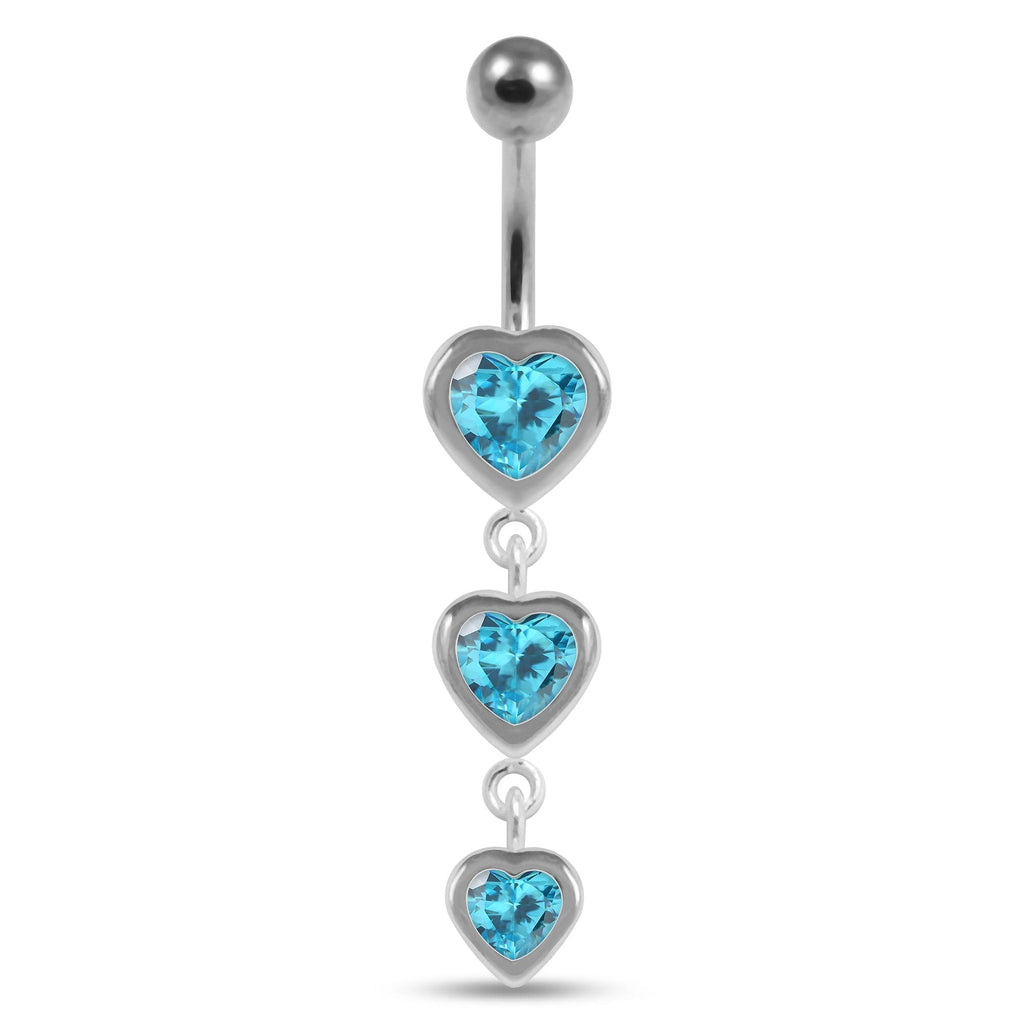 925 Sterling Silver Moving Jewelled Heart Charms Belly Ring