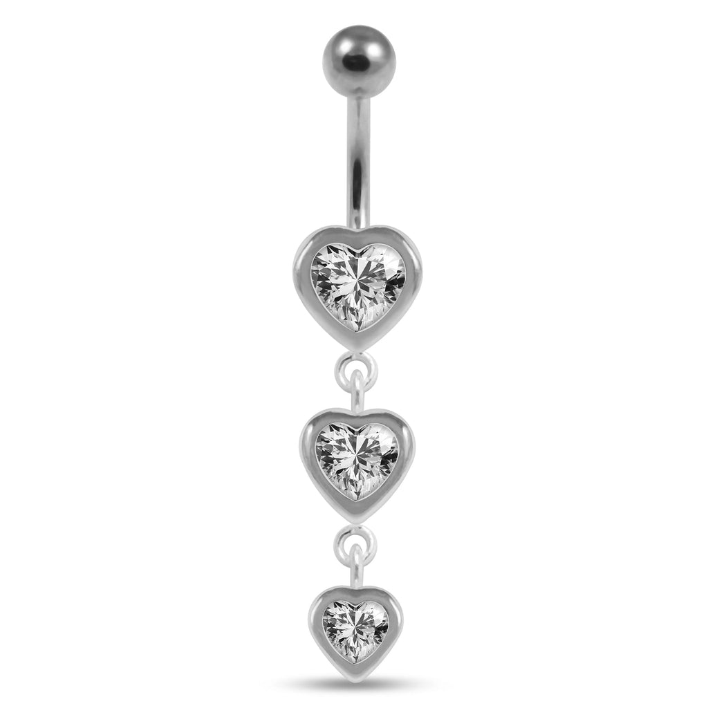 925 Sterling Silver Moving Jewelled Heart Charms Belly Ring