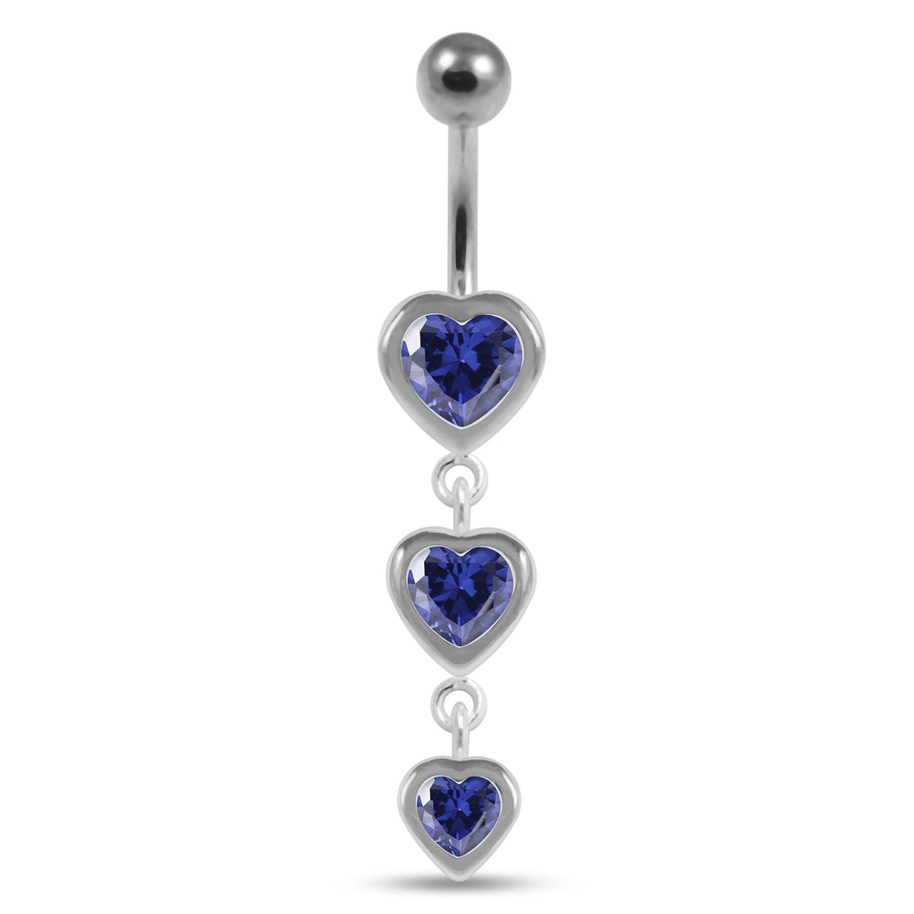 925 Sterling Silver Moving Jewelled Heart Charms Belly Ring