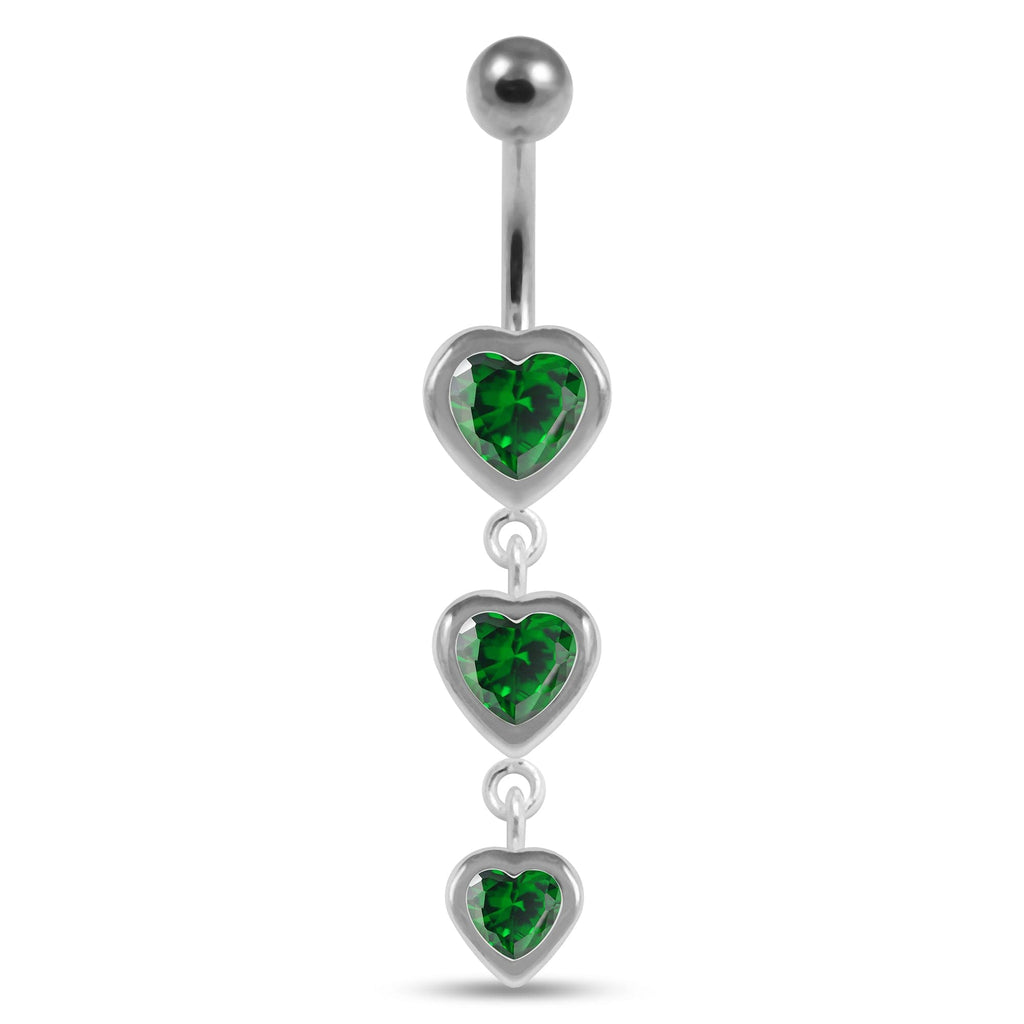 925 Sterling Silver Moving Jewelled Heart Charms Belly Ring