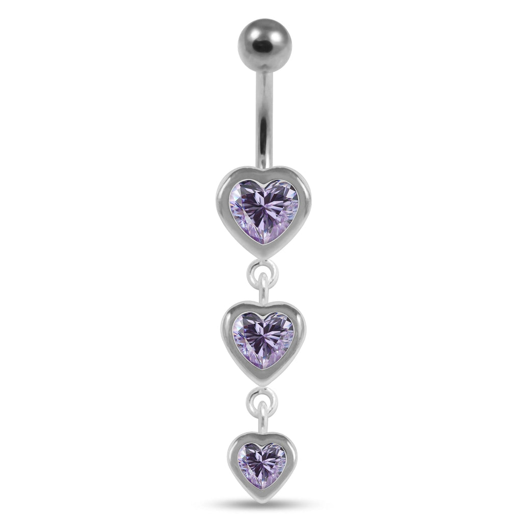 925 Sterling Silver Moving Jewelled Heart Charms Belly Ring