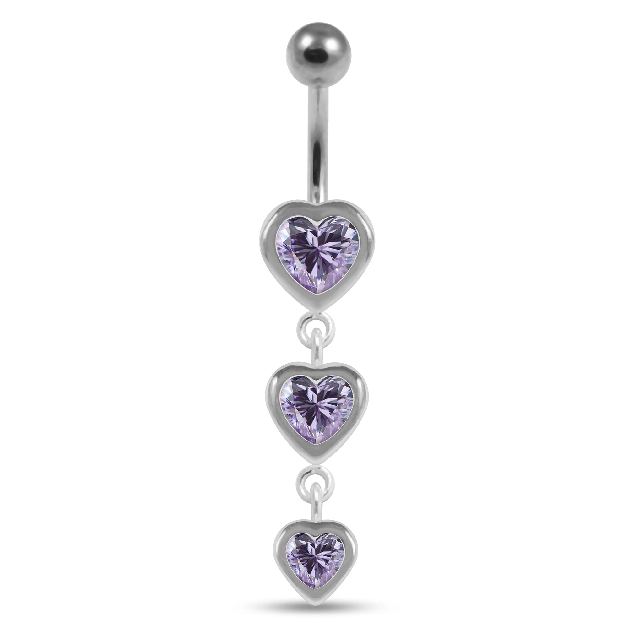 925 Sterling Silver Moving Jewelled Heart Charms Belly Ring