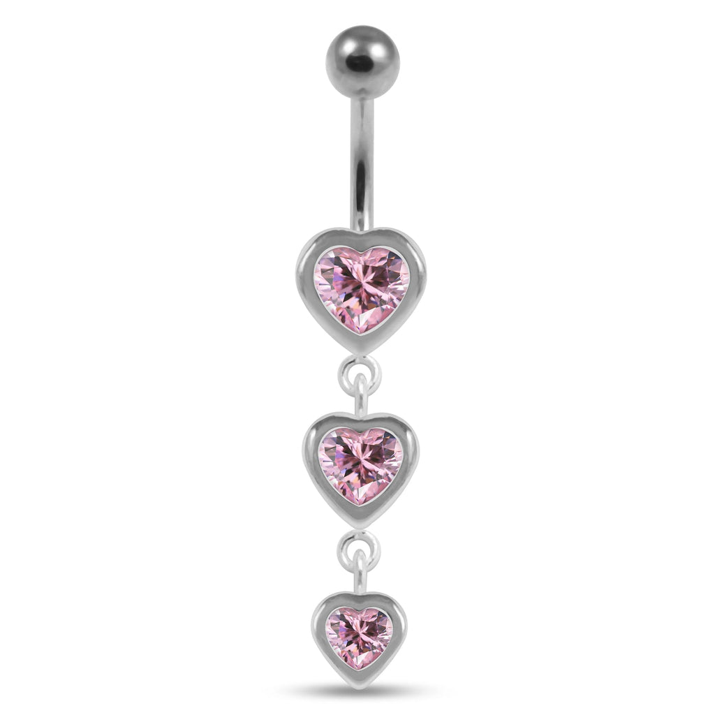 925 Sterling Silver Moving Jewelled Heart Charms Belly Ring